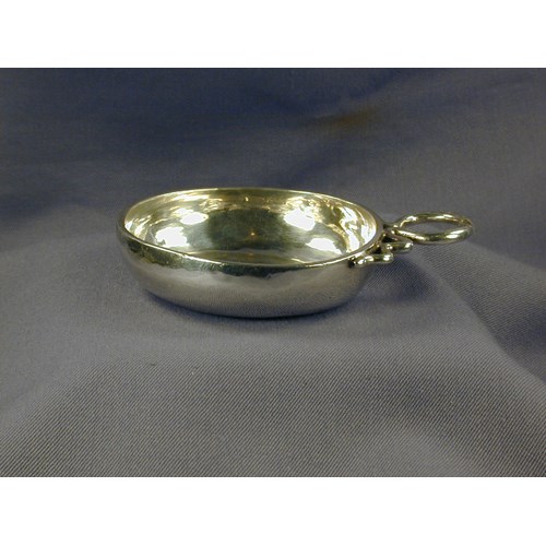 Louis XV silver wine taster by Pierre Chesneau, Angers 1760, plain with a snake handle and engraved ''L Moriniere'' around the rim